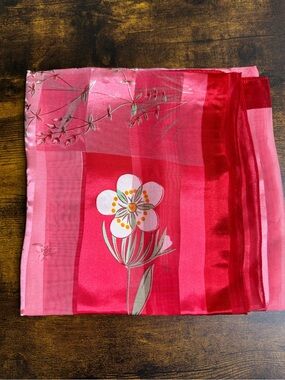 Silky Pink & Red Floral Satin Scarf